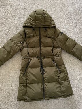 DKNY Olive Hooded Quilted Long Puffer Coat
